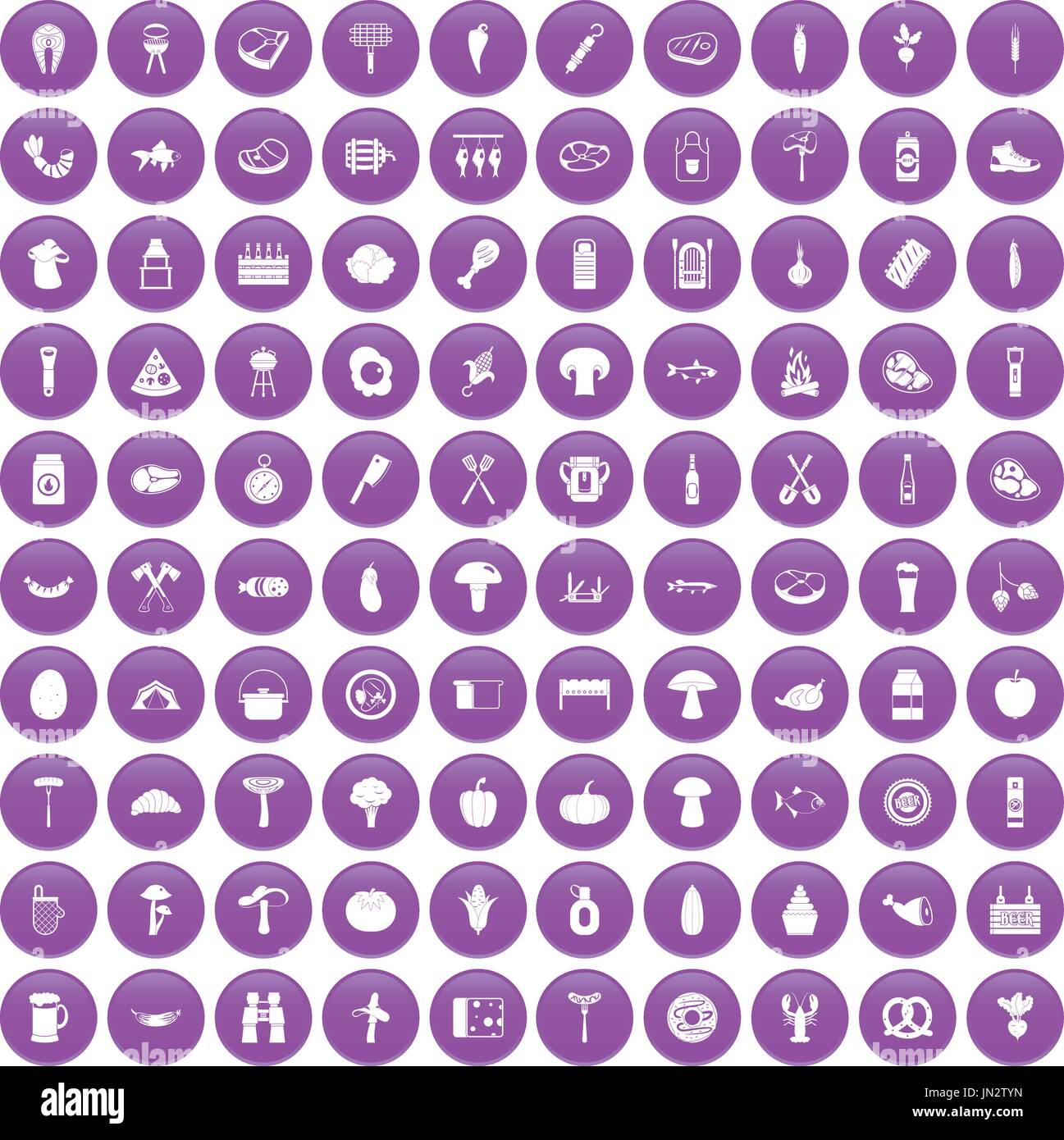 100 barbecue icons set purple Stock Vector