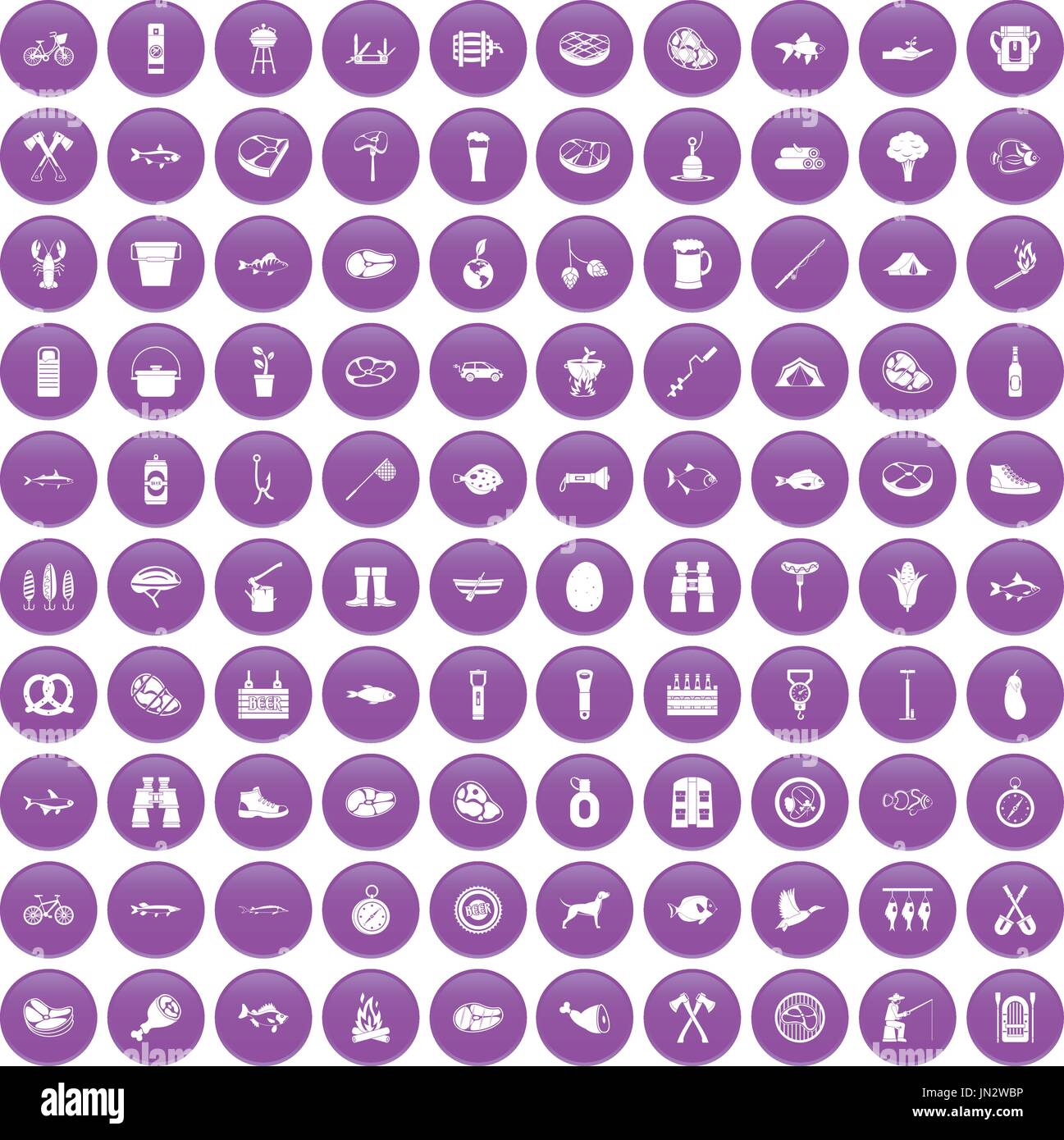 100 BBQ icons set purple Stock Vector