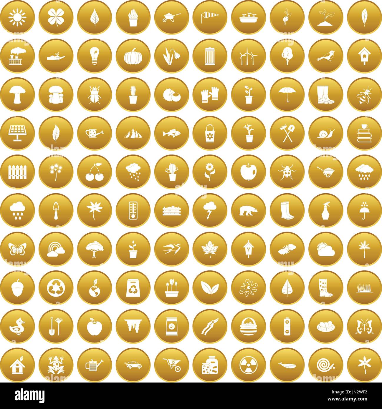 100 garden stuff icons set gold Stock Vector
