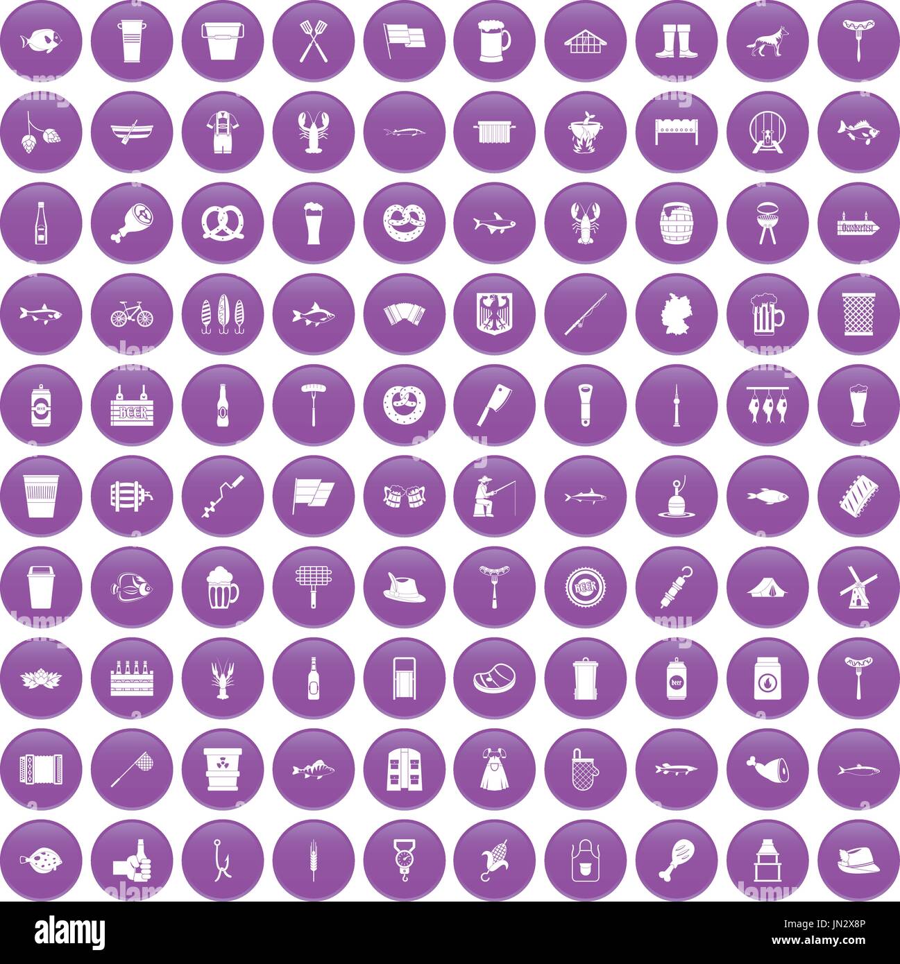 100 beer icons set purple Stock Vector