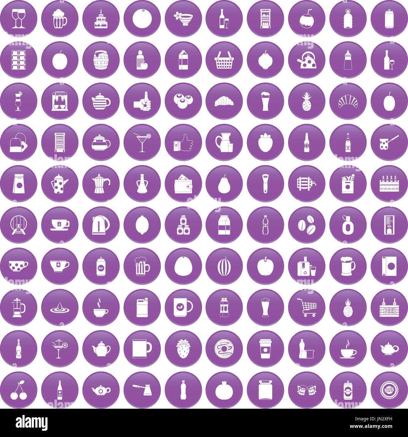 100 beverage icons set purple Stock Vector