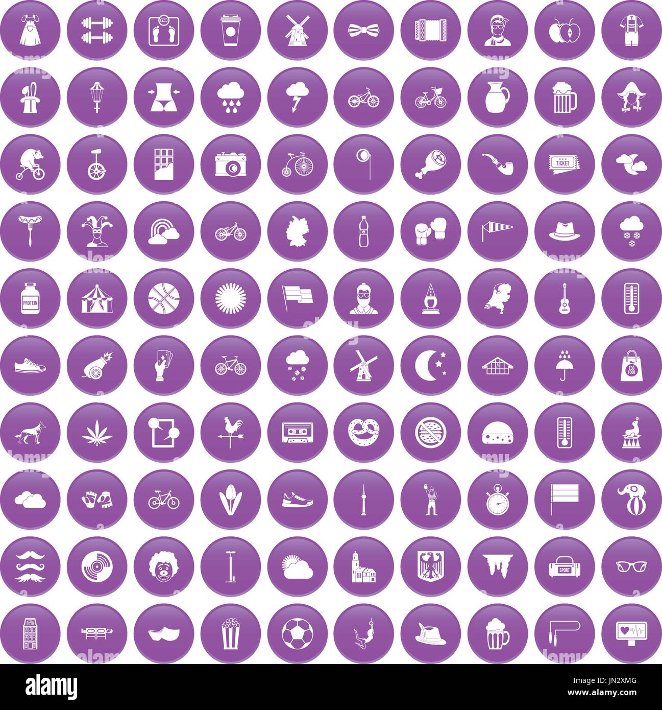 100 bicycle icons set purple Stock Vector