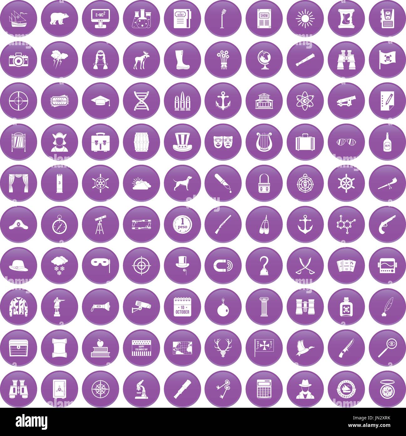 100 binoculars icons set purple Stock Vector