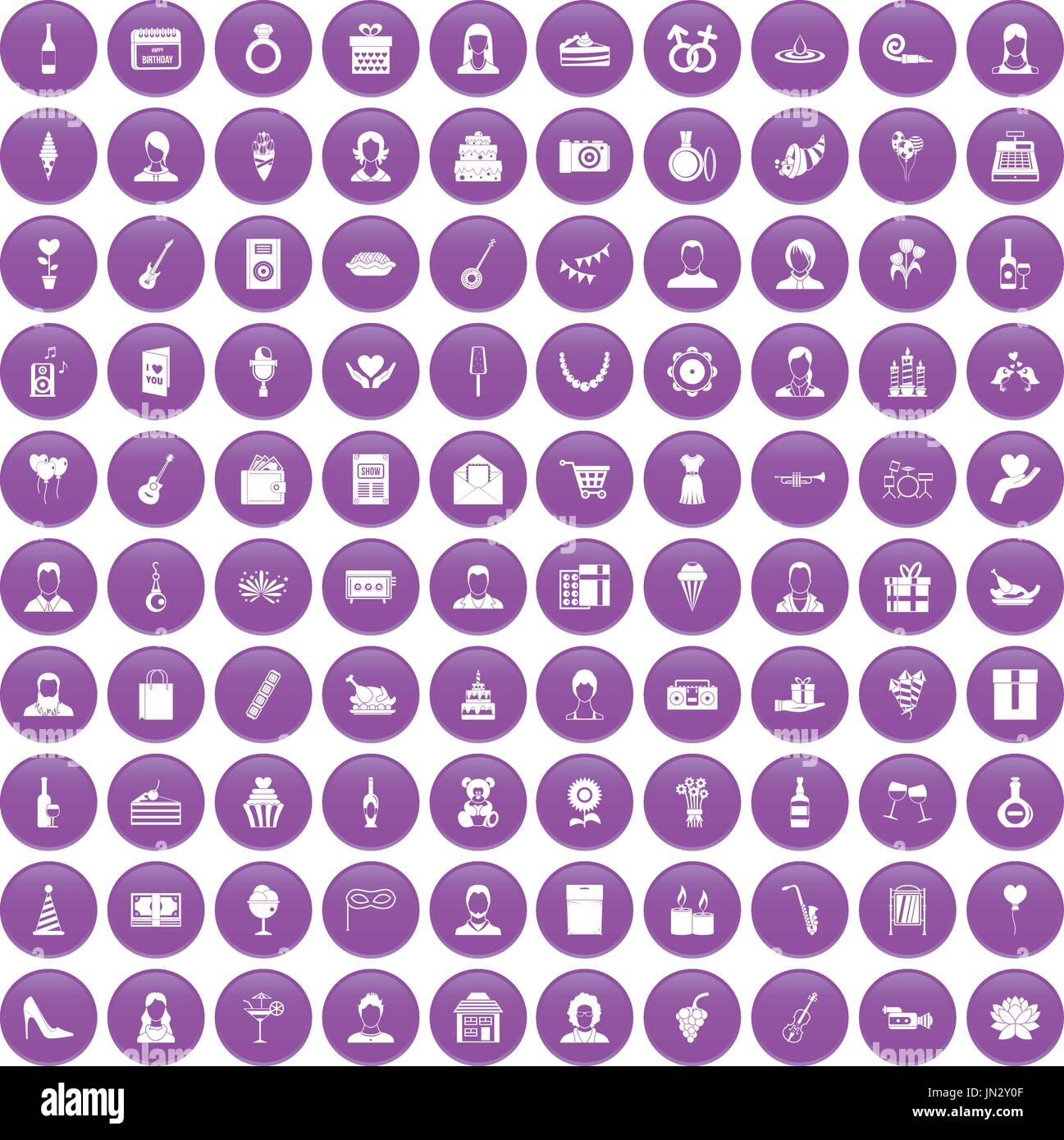 100 birthday icons set purple Stock Vector