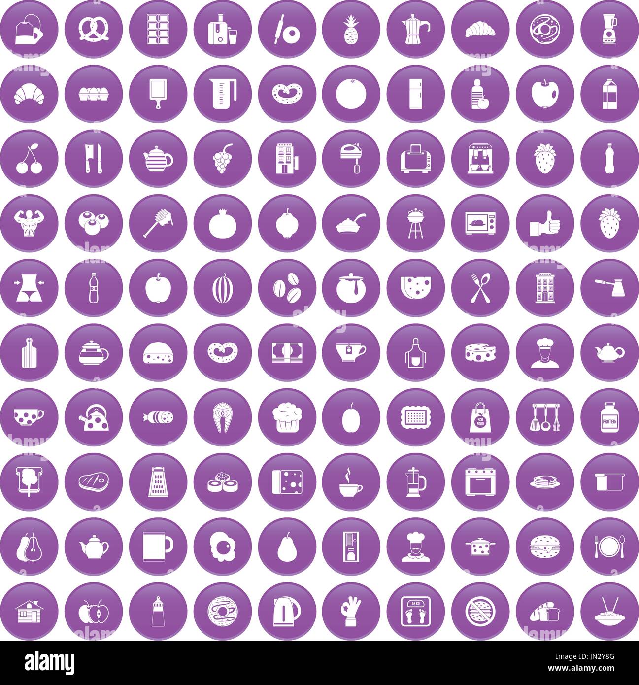 100 breakfast icons set purple Stock Vector