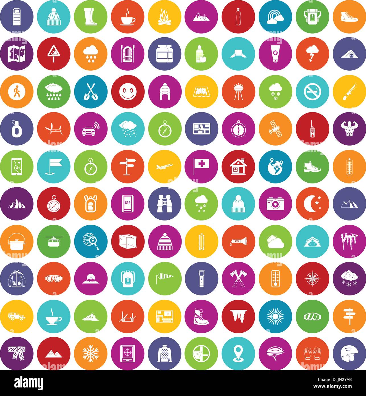 100 mountaineering icons set color Stock Vector