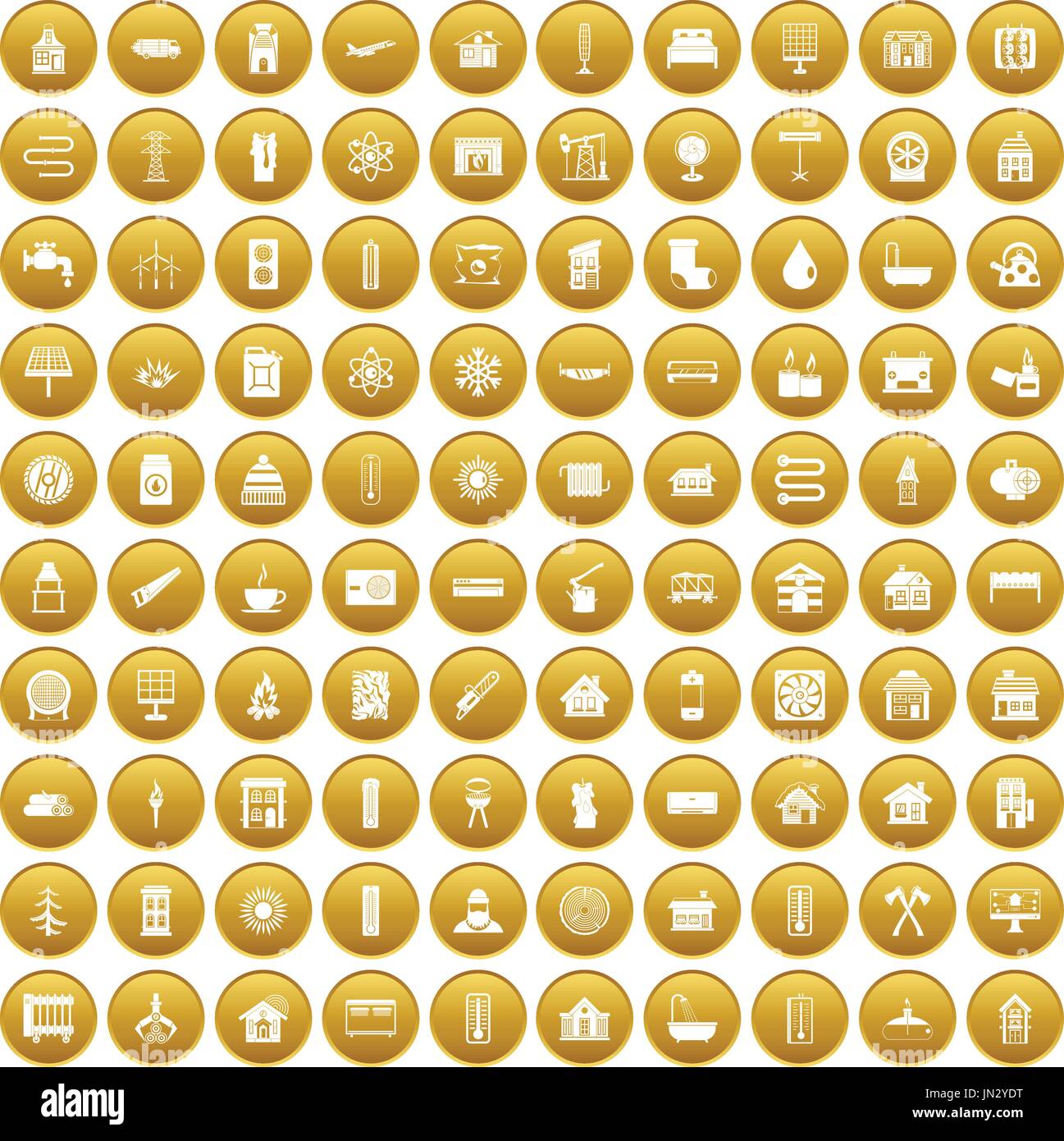 100 heating icons set gold Stock Vector