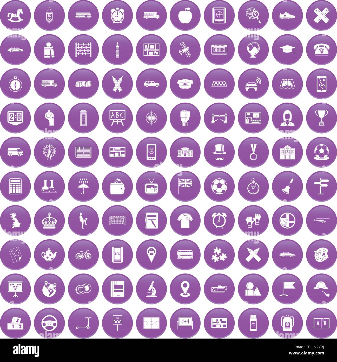 100 bus icons set purple Stock Vector