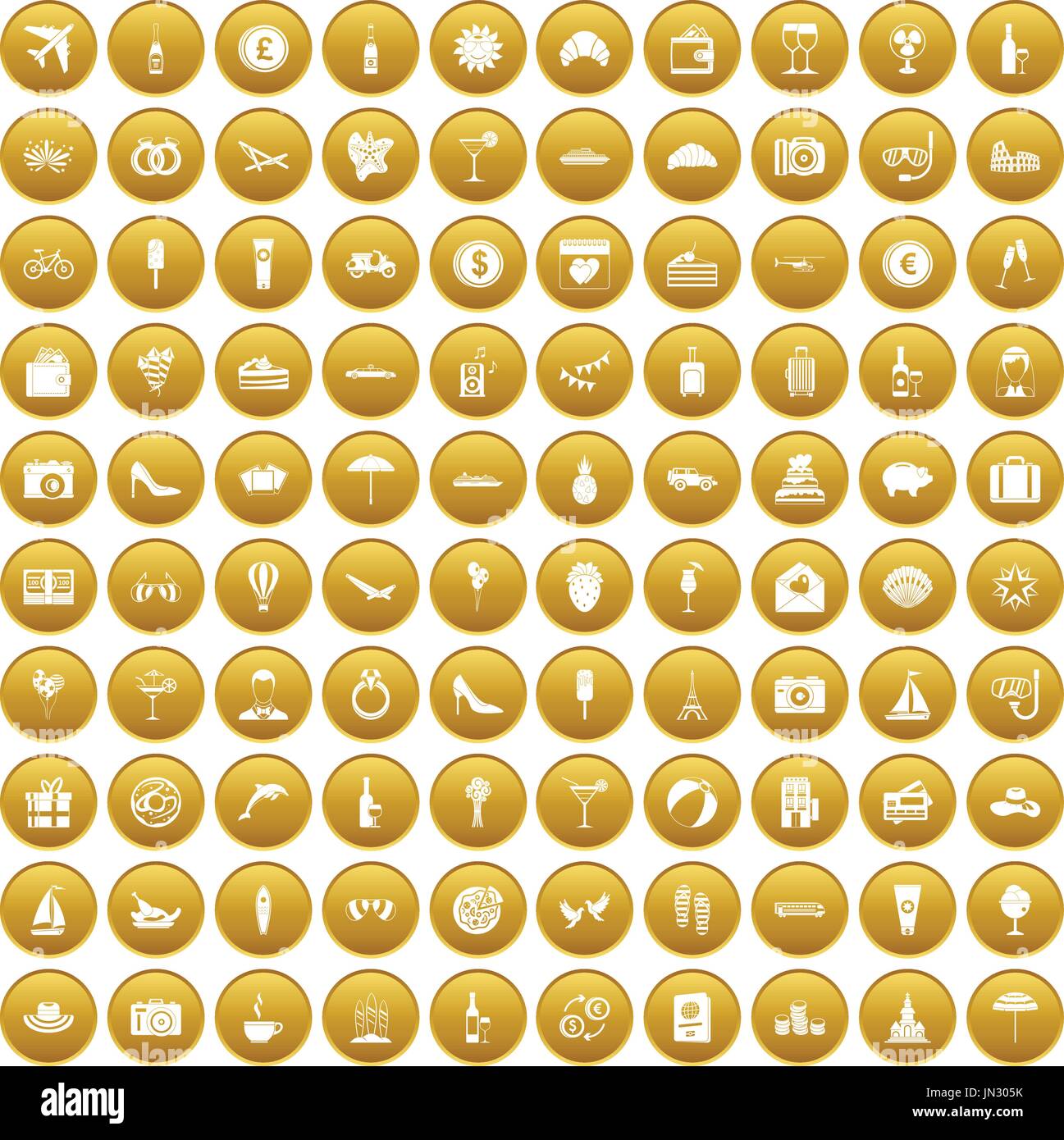 100 honeymoon icons set gold Stock Vector