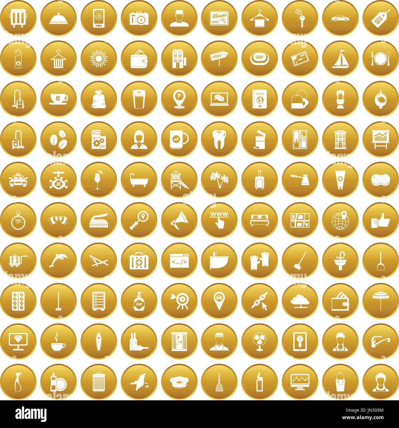 100 hotel services icons set gold Stock Vector