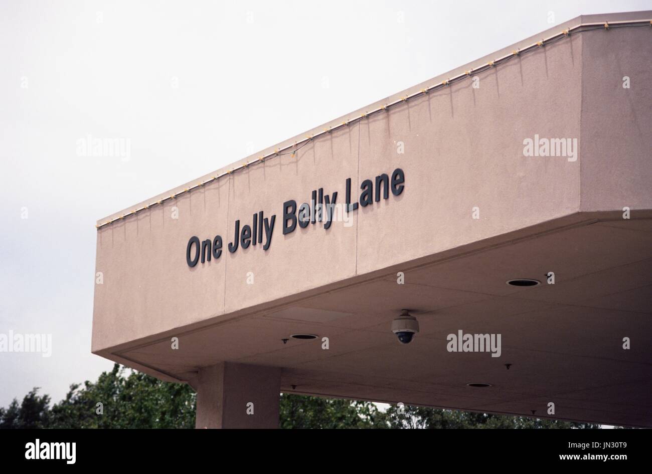 Signage reading One Jelly Belly Lane at the Jelly Belly Candy Company