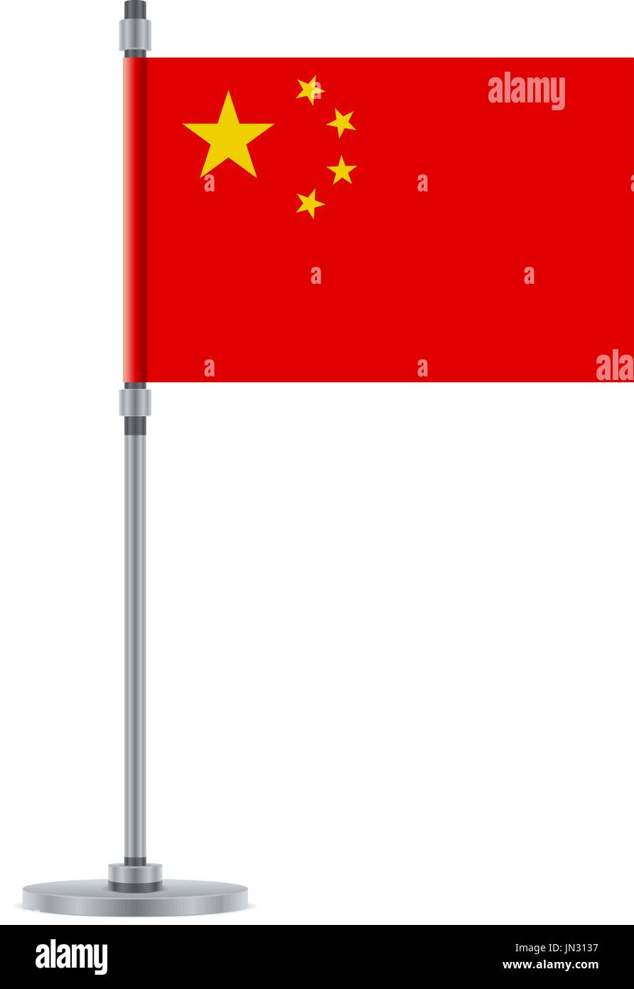 Flag design. Chinese flag on the metallic pole. Isolated template for