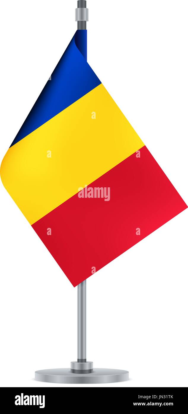 Flag design. Romanian flag hanging on the metallic pole. Isolated template for your designs. Vector illustration. Stock Vector