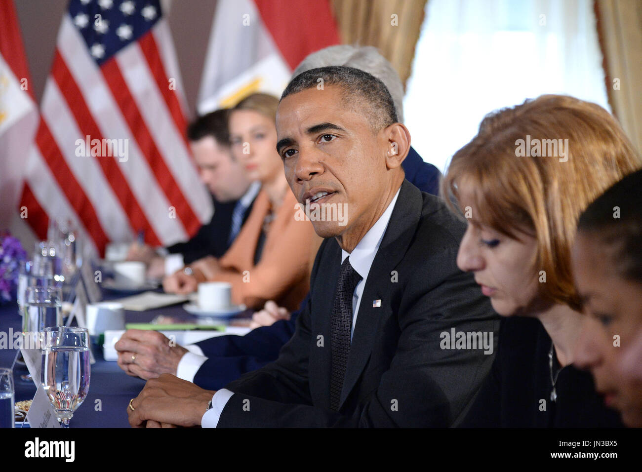 US President Barack Obama (center) holds a bilateral meeting with President Abdel Fattah el-SiSi (not pictured) of the Arab Republic of Egypt at the Waldorf Astoria Hotel in New York, NY, on September 25, 2014. Credit: Anthony Behar / Pool via CNP Stock Photo