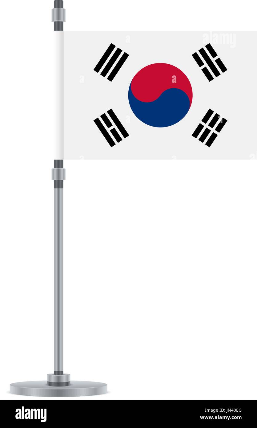 Flag design. South Korean flag on the metallic pole. Isolated template for your designs. Vector illustration. Stock Vector