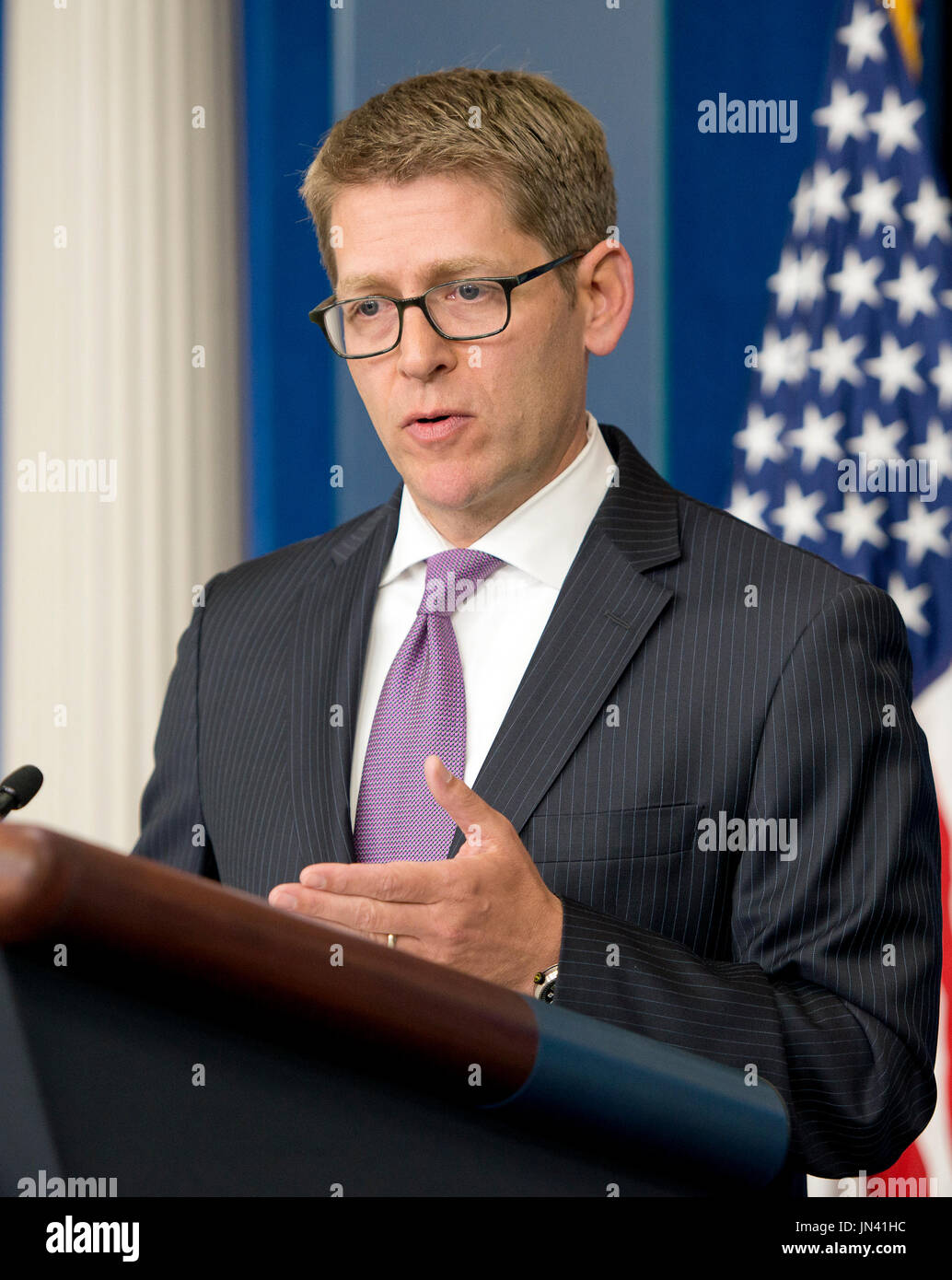 Outgoing White House Press Secretary Jay Carney conducts the daily briefing of the press in the Brady Press Briefing Room of the White House in Washington, D.C. on Monday, June 2, 2014. Credit: Ron Sachs / CNP Stock Photo