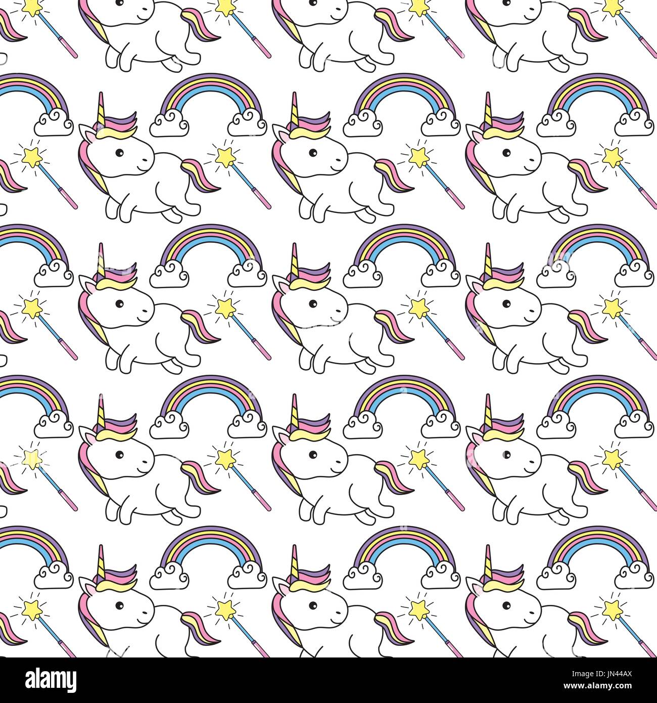 cute unicorn with magic wand and rainbow with clouds background Stock ...