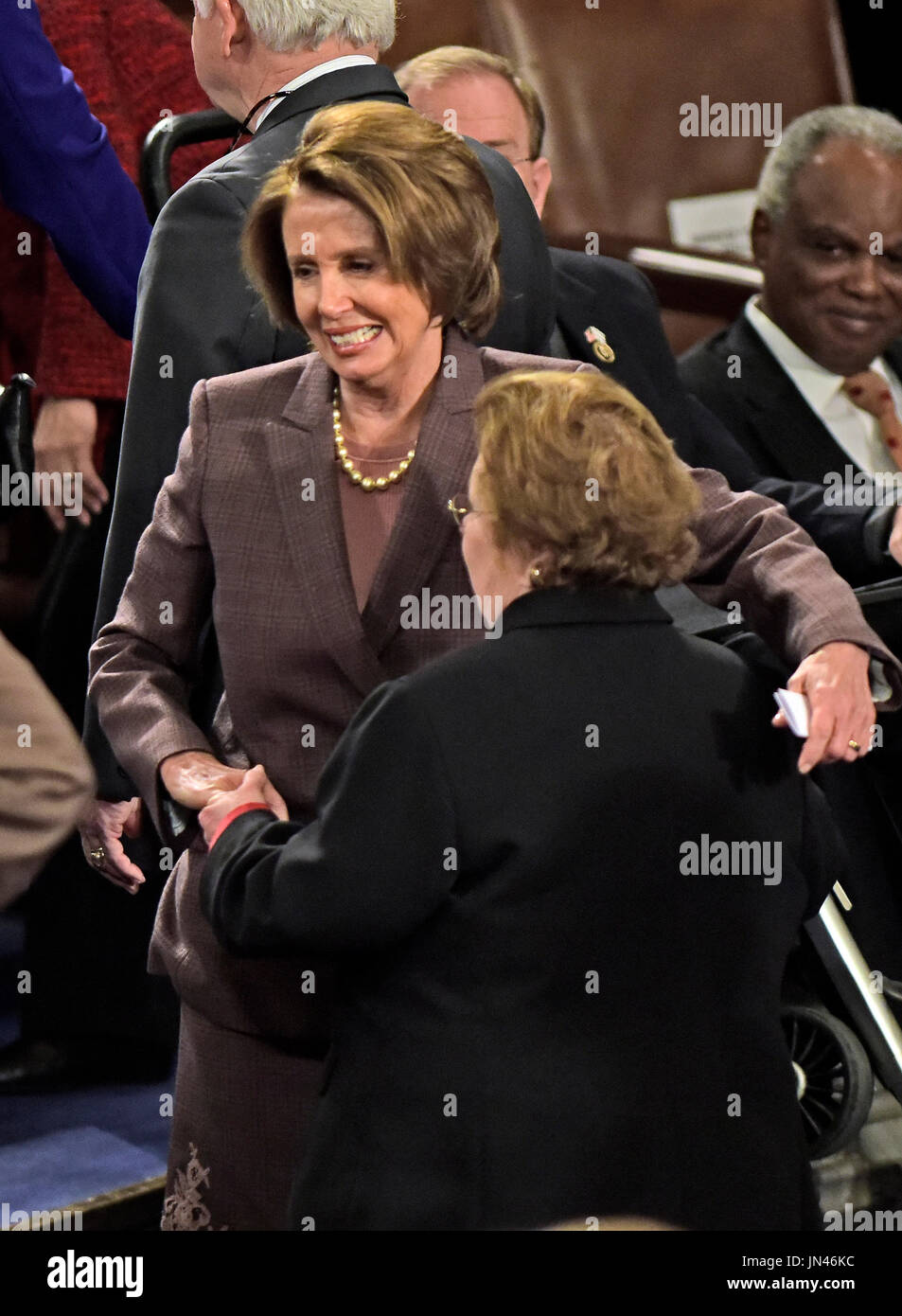 United States House Minority Leader Nancy Pelosi (Democrat of California) embraces retiring U.S. Senator Barbara Mikulski (Democrat of Maryland) prior to Prime Minister Benjamin Netanyahu of Israel delivering an address to a joint session of the United States Congress in the U.S. Capitol in Washington, D.C. on Tuesday, March 3, 2015. Credit: Ron Sachs / CNP (RESTRICTION: NO New York or New Jersey Newspapers or newspapers within a 75 mile radius of New York City) Stock Photo