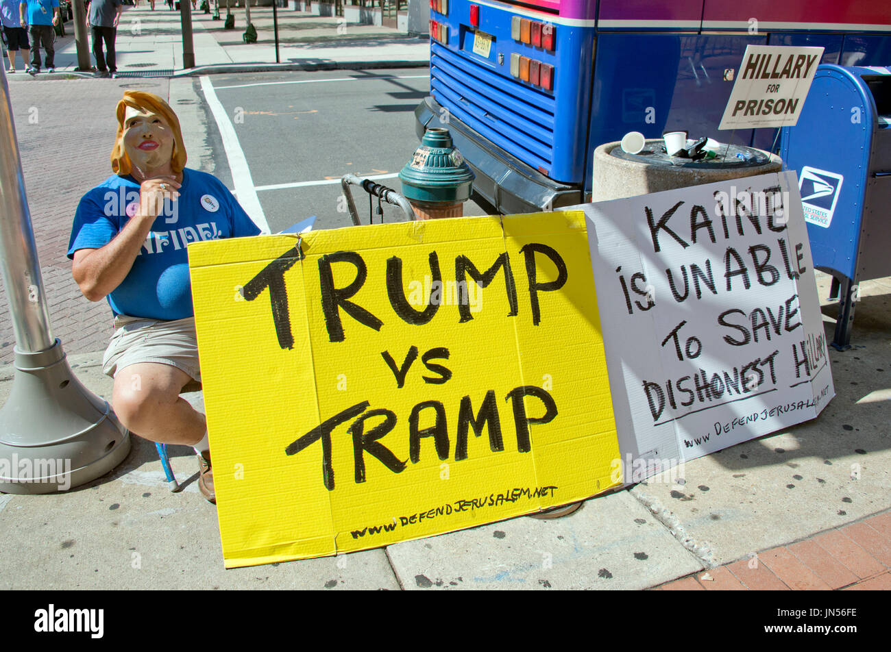 Bob Kunst, 74 of Miami Beach, Florida, an international pioneer of Gay Rights and President of Shalom International, set-up his protest outside the Pennsylvania Convention Center prior to the 2016 Democratic National Convention to be held at the Wells Fargo Center in Philadelphia, Pennsylvania on Sunday, July 24, 2016.  Kunst was also in Cleveland protesting prior to the Republican Convention in Cleveland, Ohio. Credit: Ron Sachs / CNP (RESTRICTION: NO New York or New Jersey Newspapers or newspapers within a 75 mile radius of New York City) Stock Photo
