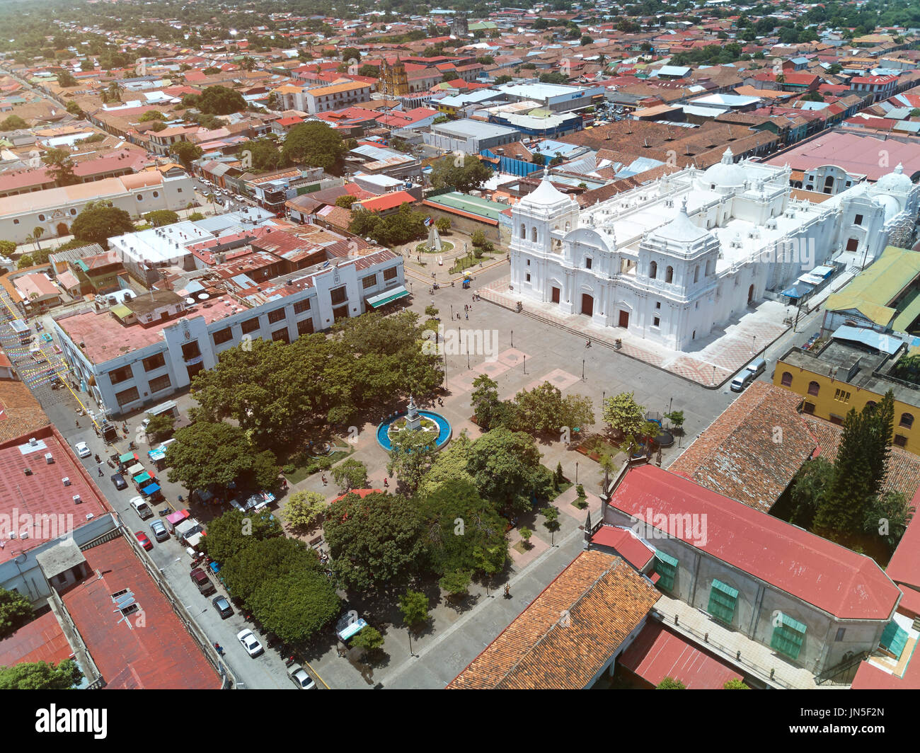 Central square of Leon city in Nicaragua aerial view. Panorama of Leon town Stock Photo