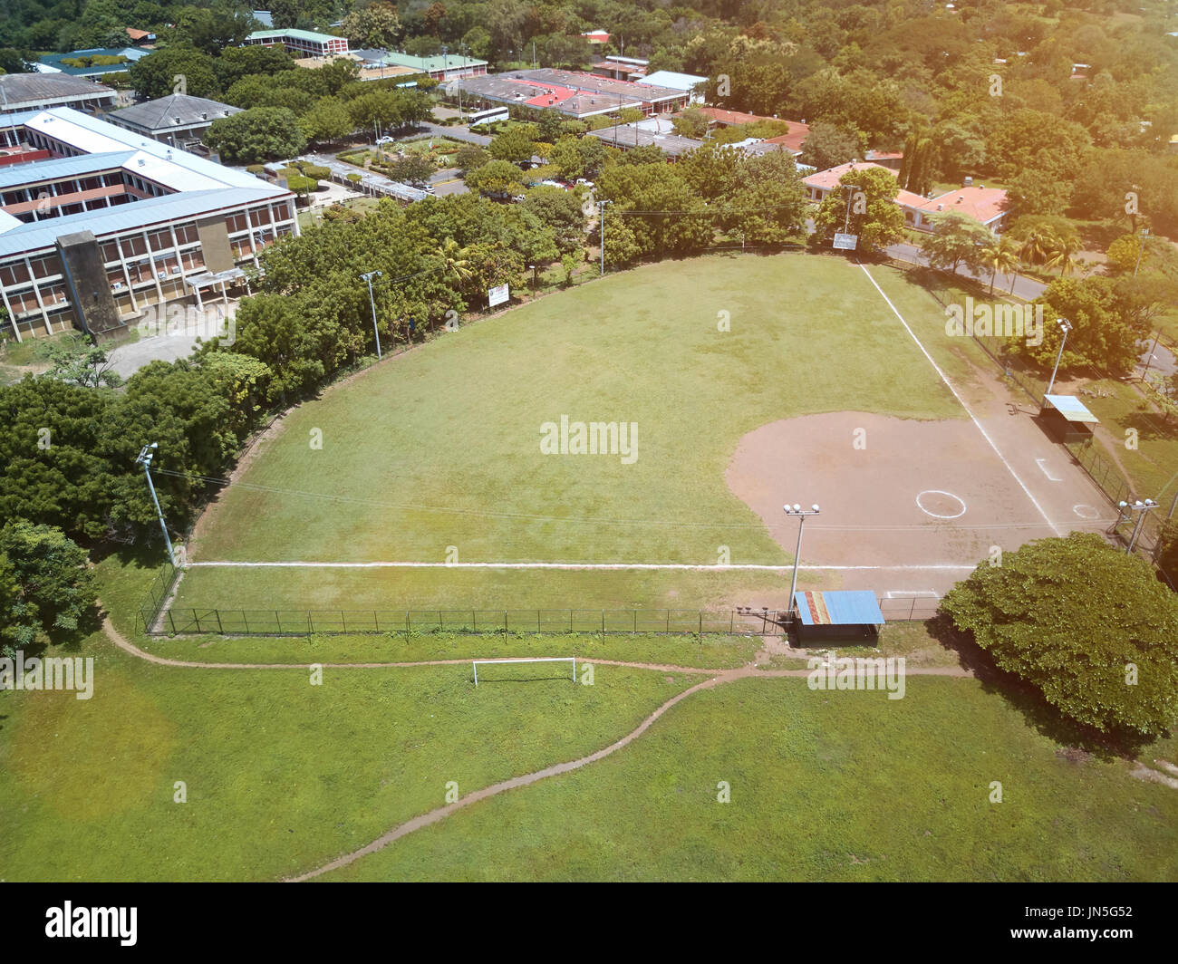 Baseball green field view from drone. Empty baseball field on sunny day Stock Photo