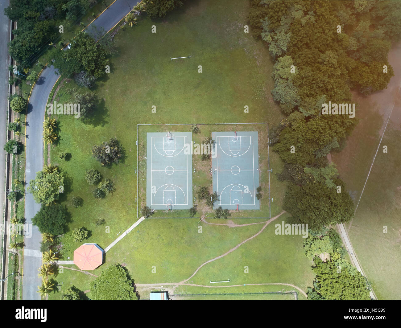 Sport green field aerial drone view. Basketball field top view Stock Photo