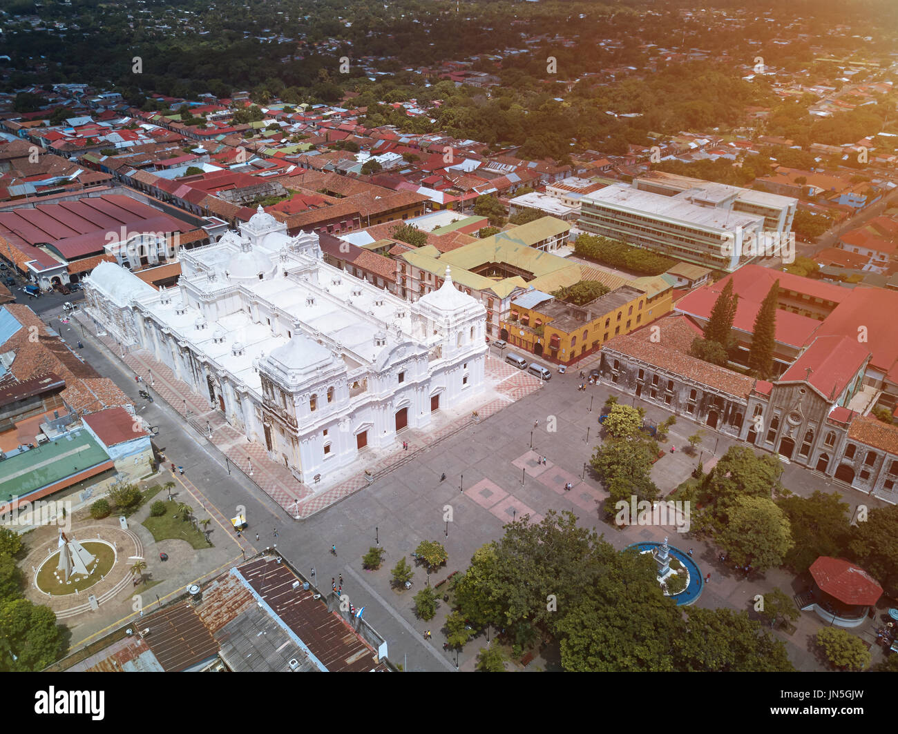 White church in Leon city aerial drone view. Nicaragua tourist town Stock Photo