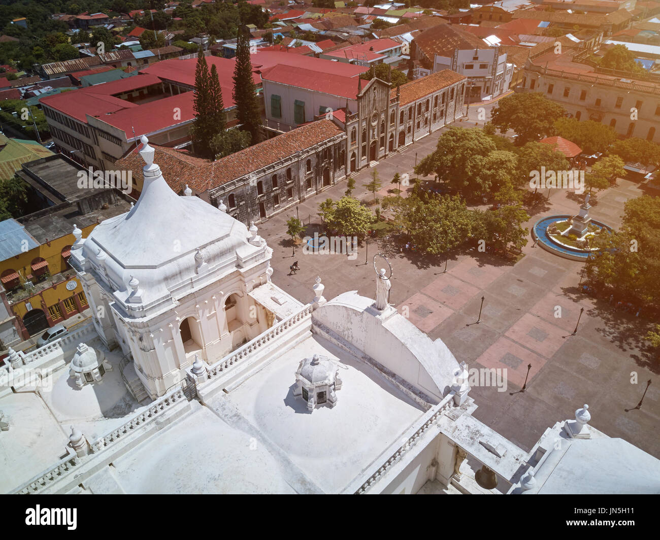 Main square of Leon city in Nicaragua drone view. Historical center of Leon town Stock Photo