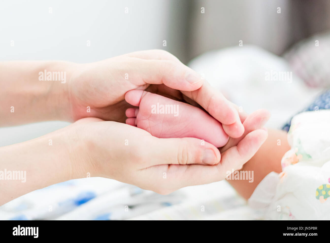 Baby feet in mother hands againt blurred background Stock Photo