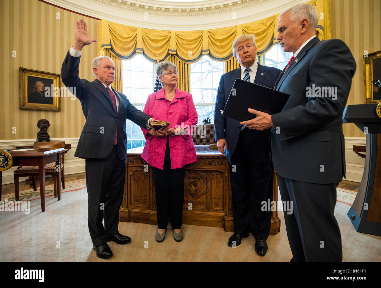 Vice President Mike Pence (R) swears in Attorney General Jeff Sessions