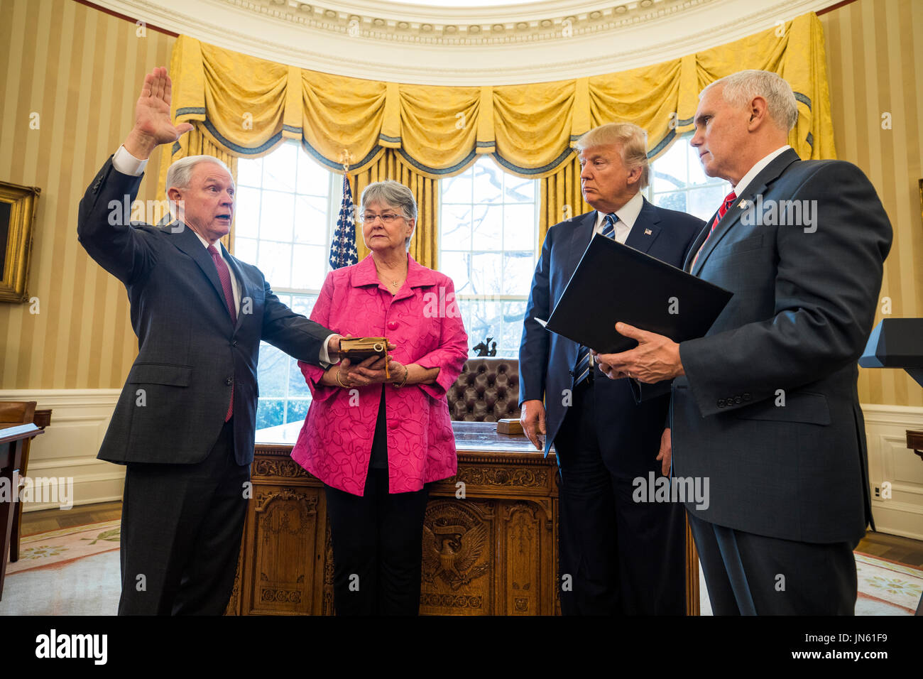 Vice President Mike Pence (R) swears in Attorney General Jeff Sessions