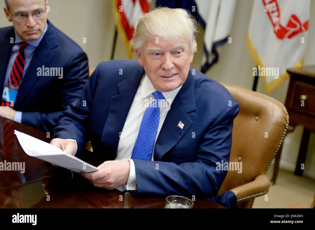 United States President Donald Trump speaks during a listening session on domestic and international human trafficking in the Roosevelt Room of the White House on February 23, 2017 in Washington, DC.  Credit: Olivier Douliery / Pool via CNP Stock Photo