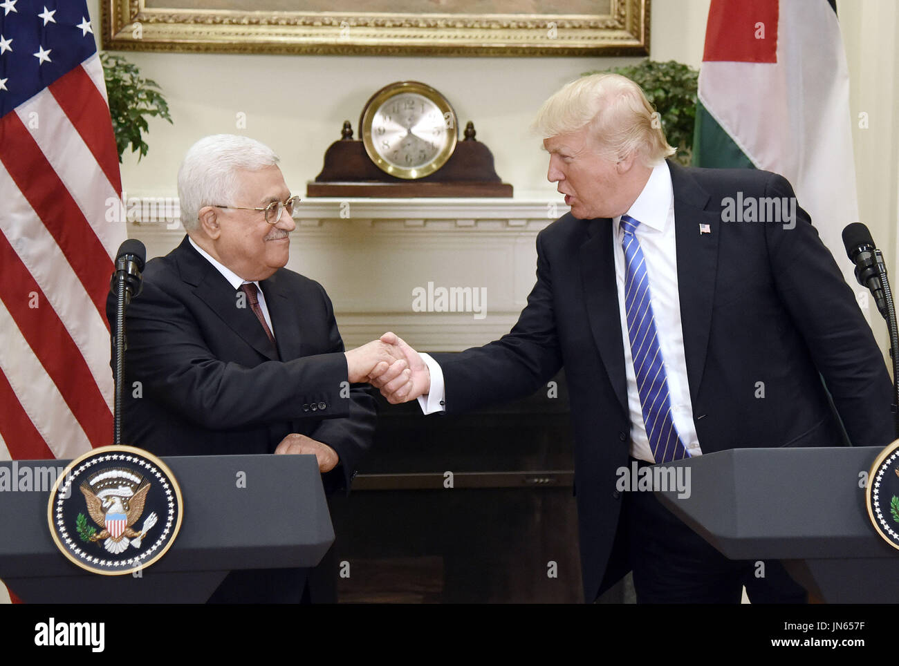 United States President Donald J. Trump shakes hands with President Mahmoud Abbas of the Palestinian Authority after a joint statement in the Roosevelt Room  of the White House in Washington, DC, on May 3, 2017. Photo by Olivier Douliery/ Sipa USA Credit: Olivier Douliery / Pool via CNP Stock Photo