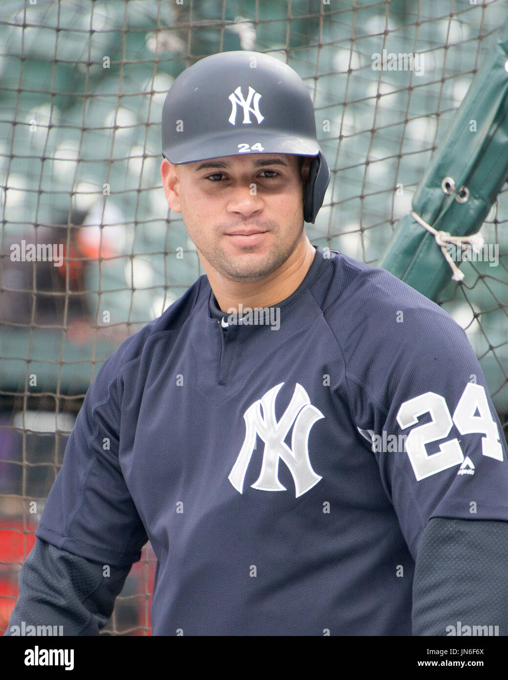 New York Yankees catcher Gary Sanchez (24) at the batting cage prior to