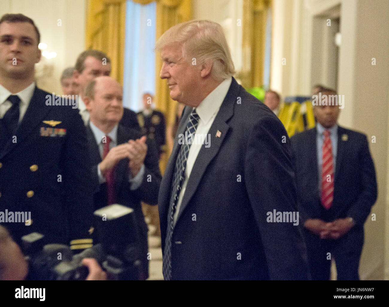 United States President Donald J. Trump arrives at a reception a ...