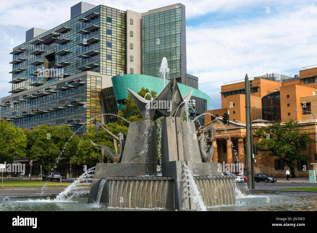 The Three Rivers fountain commemorates the visit of Queen Elizabeth II and the Duke of Edinburgh in 1963. Victoria Square, Adelaide. South Australia. Stock Photo