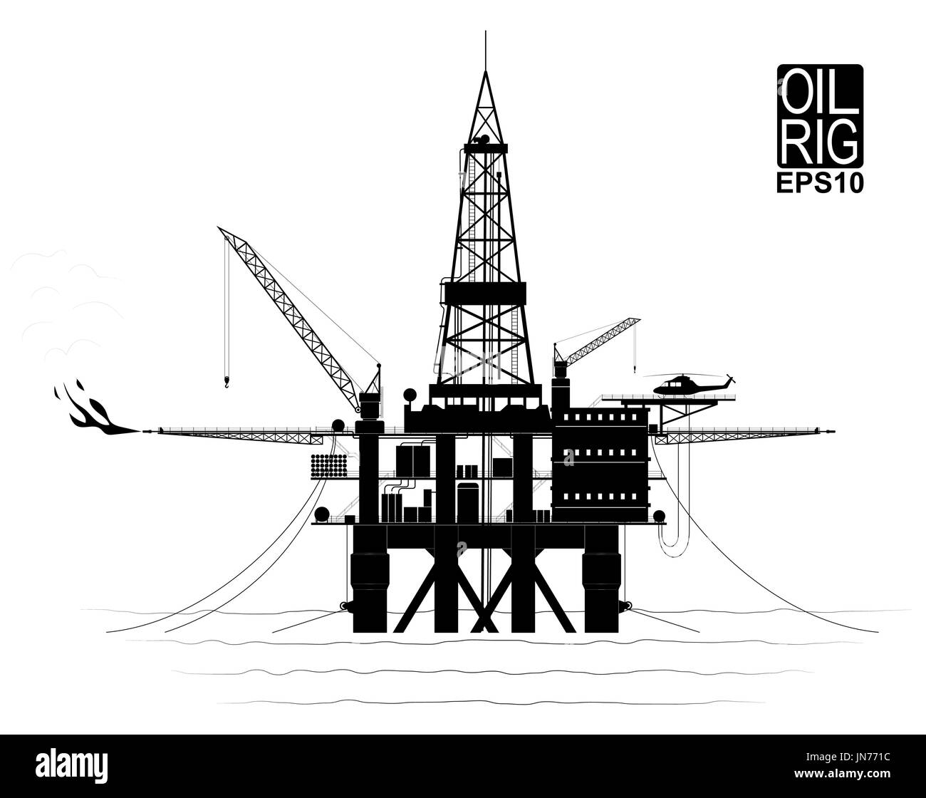 Drilling platform for oil or gas production from the ocean floor. Black and white contour with traced details. Side view. Stock Vector