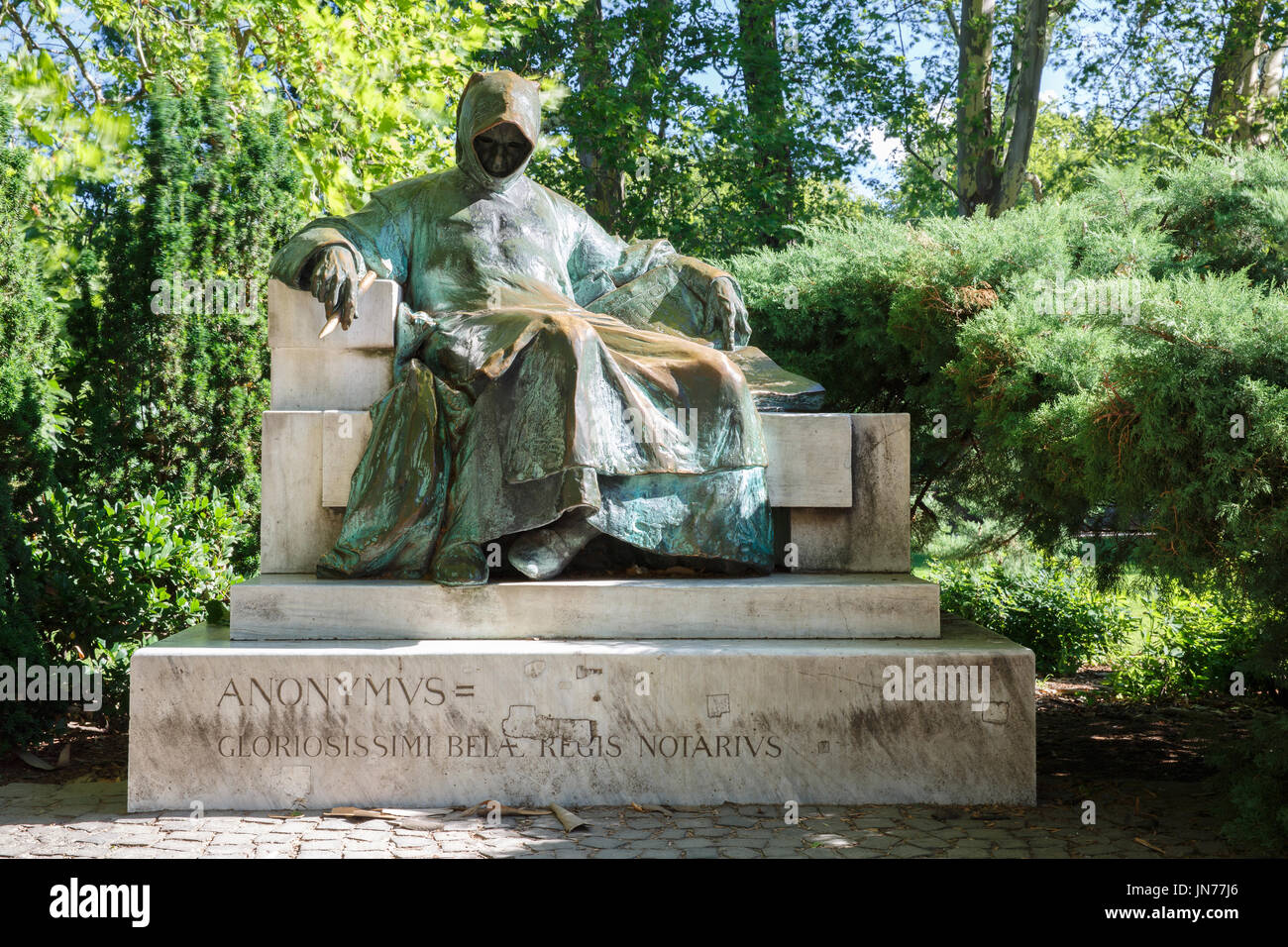 Monument of Anonymous (notary and chronicler of a Hungarian King), Varosliget Park. Budapest Hungary Stock Photo