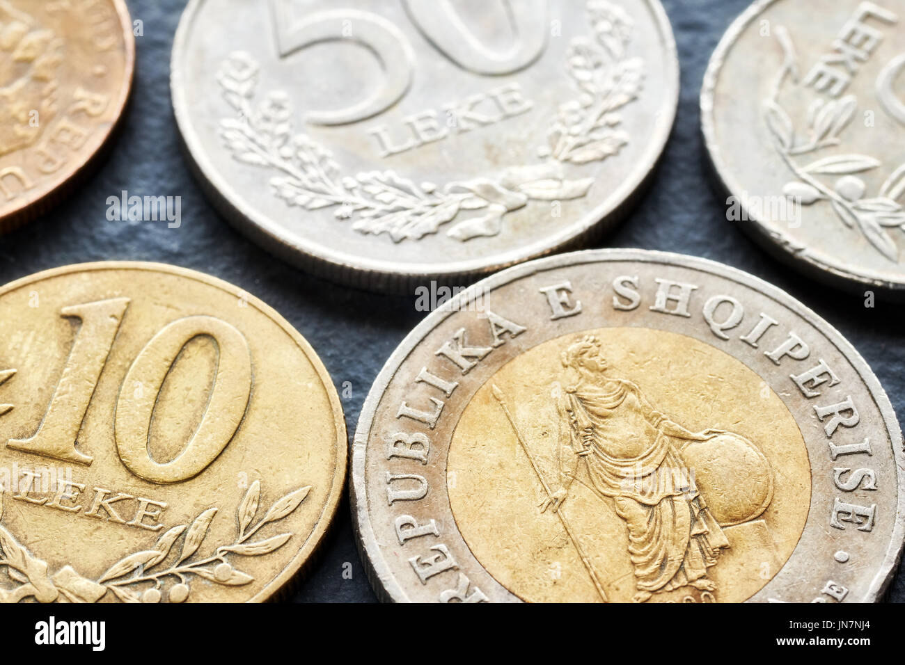 Close up picture of Albanian lek coins, shallow depth of field. Stock Photo