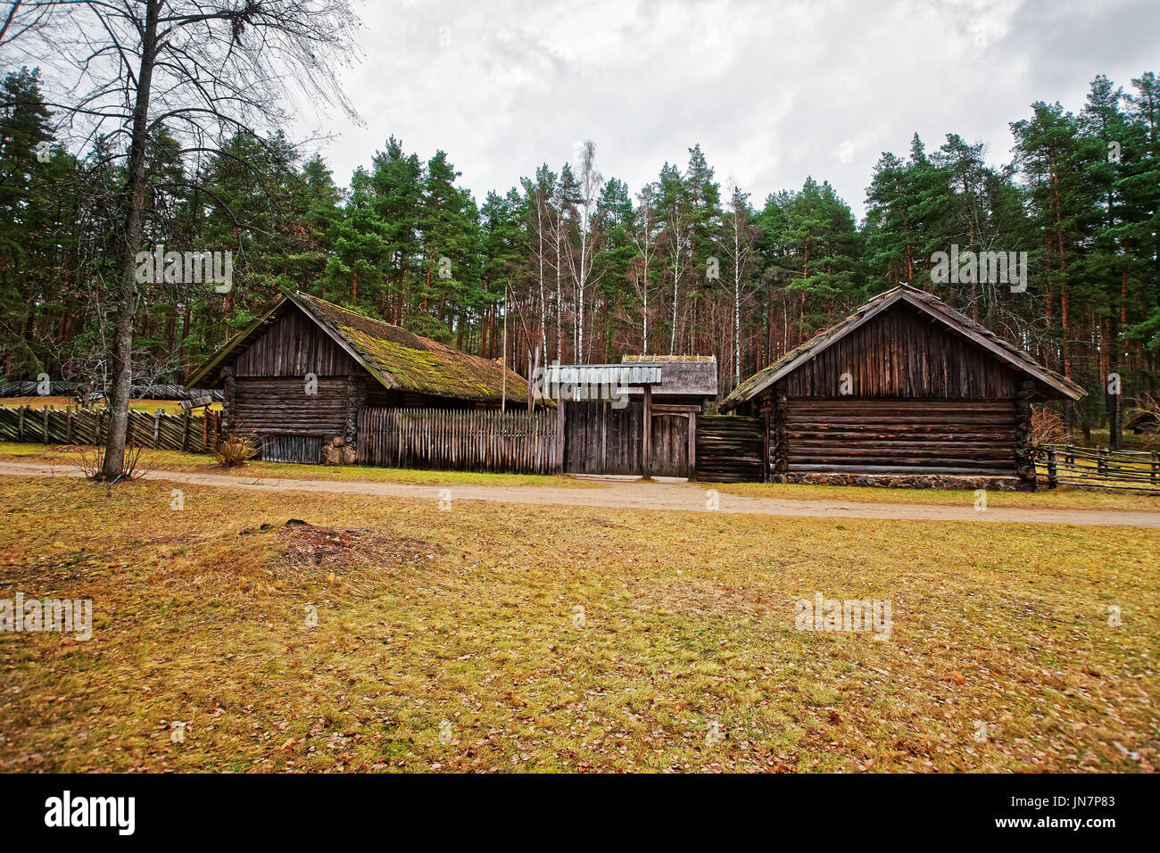 Riga, Latvia - December 27, 2011: Old buildings in Ethnographic open air village of Riga, Latvia, Baltic country Stock Photo