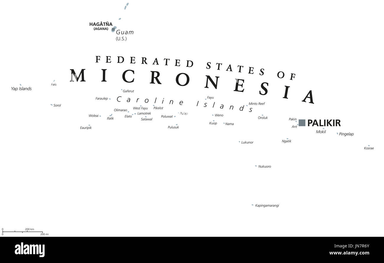 Federated States of Micronesia political map with capital Palikir. English labeling. Island Nation and a United States associated state in the Pacific Stock Photo