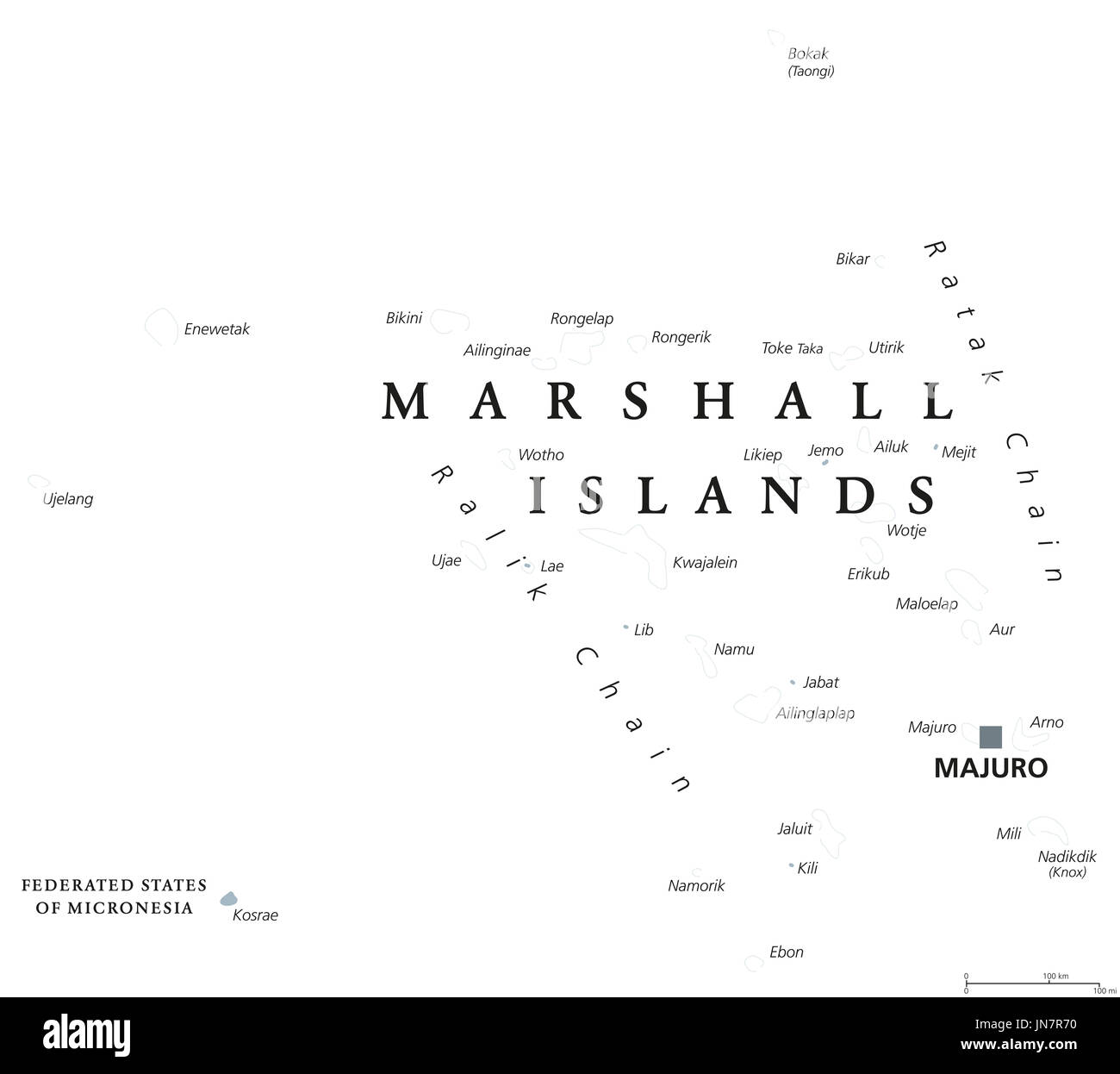 Marshall Islands political map with capital Majuro. Republic and country in the Pacific Ocean consisting of coral atolls and islands. English labeling Stock Photo