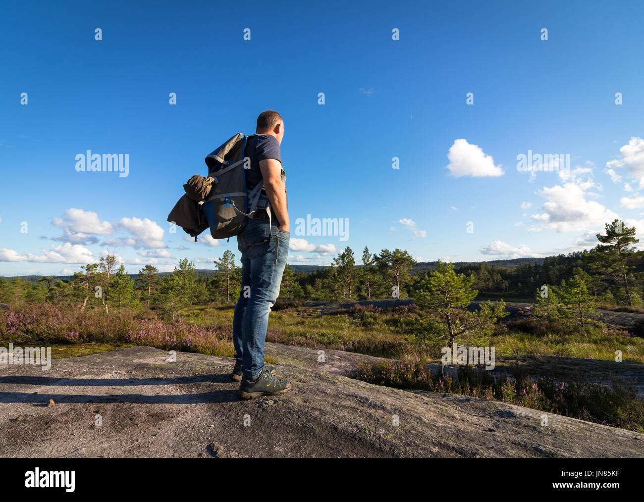 Man standing in the wilderness, forest landscape in Norway with blue sky and clouds Stock Photo