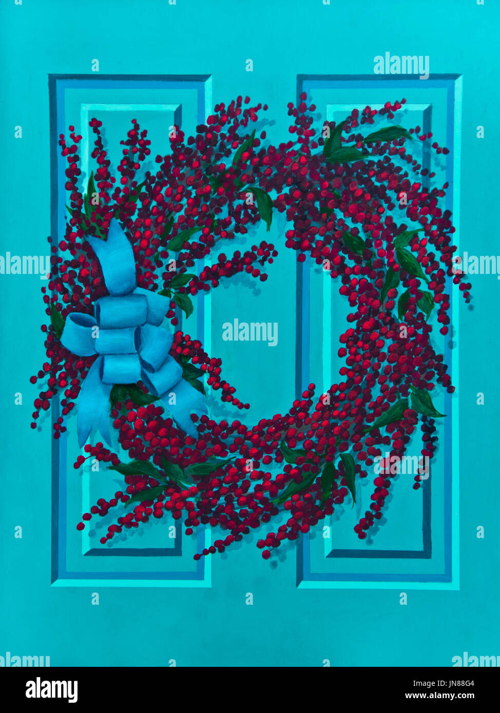 A blue-green paneled door has a red berry  wreath and a blue-green bow in an acrylic painting. Stock Photo