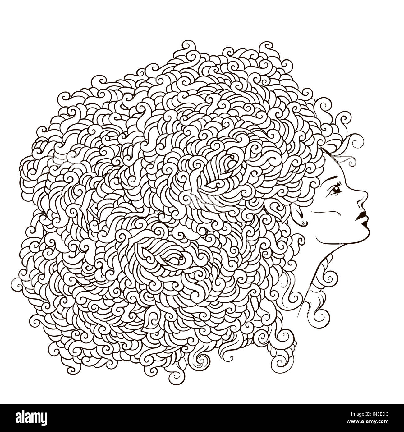 girl with abstract flower garland on the head. Uncolored contour pattern. Can be used as adult coloring book, card, invitation, t-shirt print. young p Stock Photo