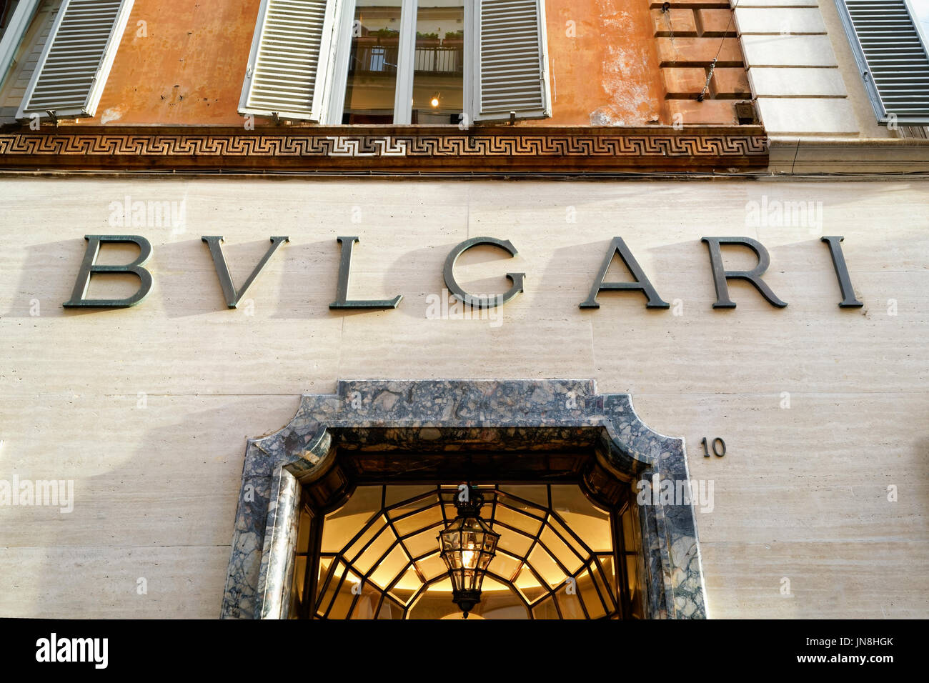 Rome, Italy - October 14, 2016: Bulgari Sign of street shop window in Rome. Stock Photo