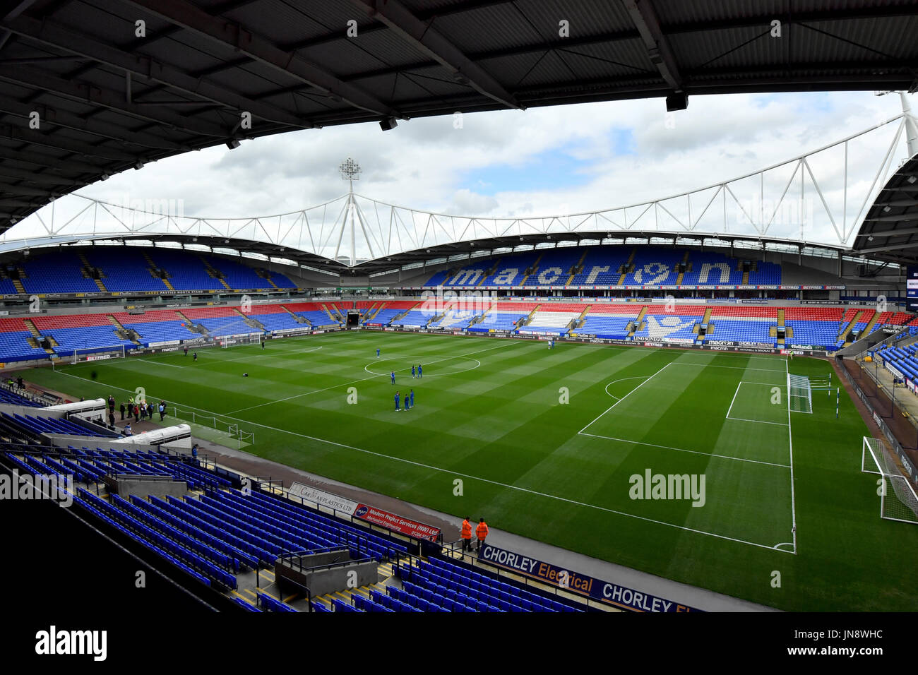 General view inside the Macron Stadium before the pre-season match at the Macron Stadium, Bolton. PRESS ASSOCIATION Photo. Picture date: Saturday July 29, 2017. See PA story SOCCER Bolton. Photo credit should read: Anthony Devlin/PA Wire. RESTRICTIONS: EDITORIAL USE ONLY No use with unauthorised audio, video, data, fixture lists, club/league logos or 'live' services. Online in-match use limited to 75 images, no video emulation. No use in betting, games or single club/league/player publications. Stock Photo