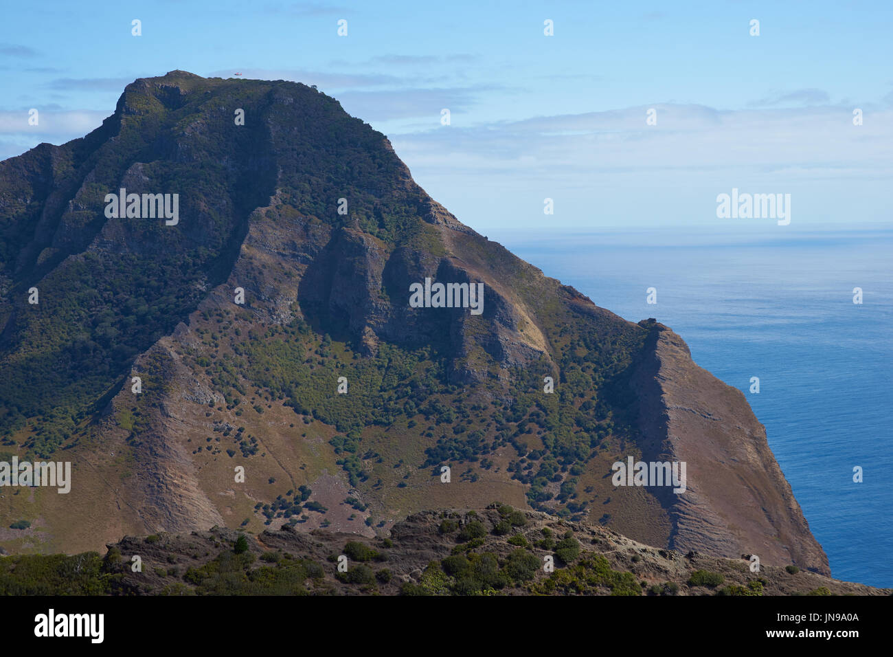 Panoramic view of the coast of volcanic landscape of Robinson Crusoe Island, one of three main