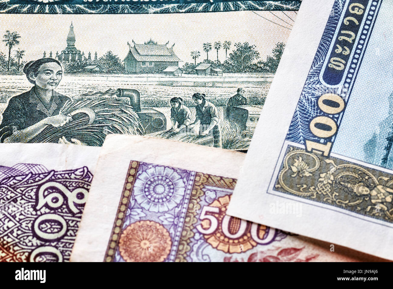 Close up picture of Lao kip banknotes, shallow depth of field. Stock Photo