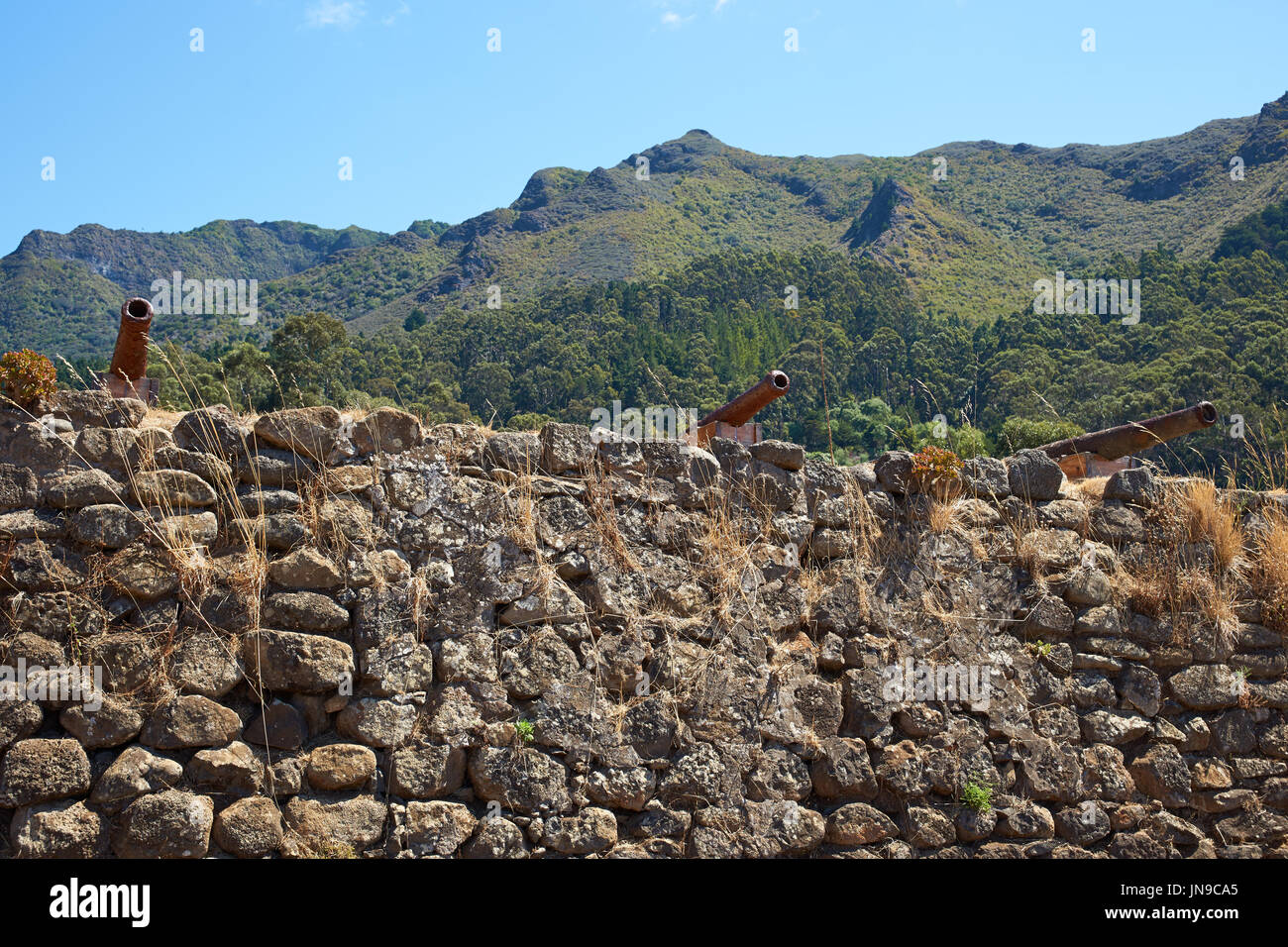 Historic Spanish fort overlooking Cumberland Bay and the town of San Juan Bautista on Robinson Crusoe Island in the Juan Fernandez Islands, Chile Stock Photo